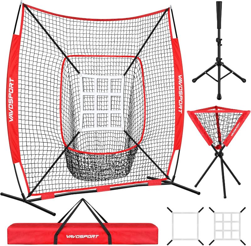 Photo 1 of 7x7' Baseball Net Set - Portable Softball & Baseball Net, Batting Tee, Ball Caddy, Strike Zone, Training Equipment for Youth Practice