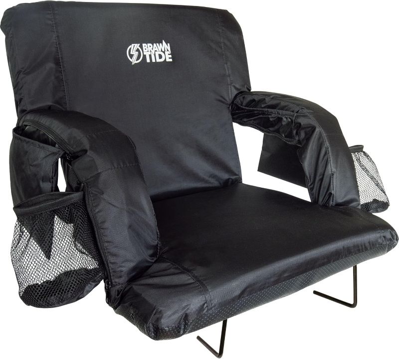 Photo 1 of BRAWNTIDE Stadium Seat with Back Support - Comfy Cushion, Thick Padding, 2 Steel Bleacher Hooks, 4 Pockets, 2 Cup Holders, Reclining Back, Ideal Chair for Sport Events, Beaches, Camping, Concerts