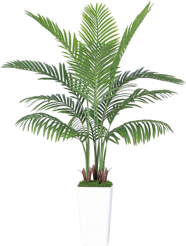 Photo 1 of Artificial Palm Tree Artificial Silk Plant Fake Tree with White Tall Planter Faux Tropical Areca Floor Plant in Pot (1, White Tall Planter, 5 FT)