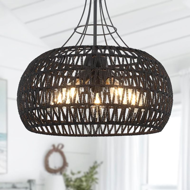 Photo 1 of 20" Black Farmhouse Chandeliers for Dining Room 5-Lights Boho Chandelier Light Fixture with Wicker Lampshade Coastal Rattan Pendant Light for Kitchen Island Living Room Bedroom Hallway