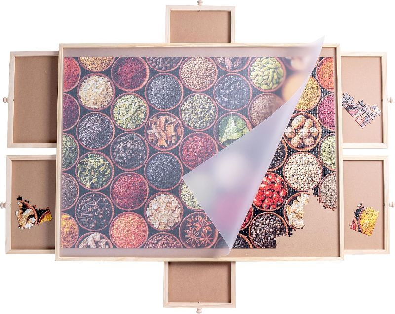 Photo 1 of AYCXTZ 1500 piece wooden puzzle table with 6 drawers and Cover, 34 "x 26" puzzle table, smooth fiberboard work surface, portable adult puzzle board