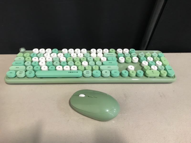 Photo 1 of UBOTIE Colorful Computer Wireless Keyboards Mouse Combos, Typewriter Flexible Keys Office Full-Sized Keyboard, 2.4GHz Dropout-Free Connection and Optical Mouse (Green-Colorful)