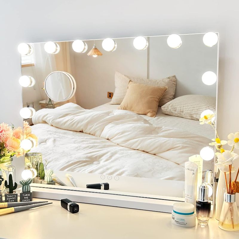 Photo 1 of Vanity Mirror with Lights Lighted Makeup Mirror with 15 Dimmable LED Bulbs,3 Color Lighting Modes,USB Charging Port Touch Control,Sturdy Metal Frame Design 22.8x18 Inch,White