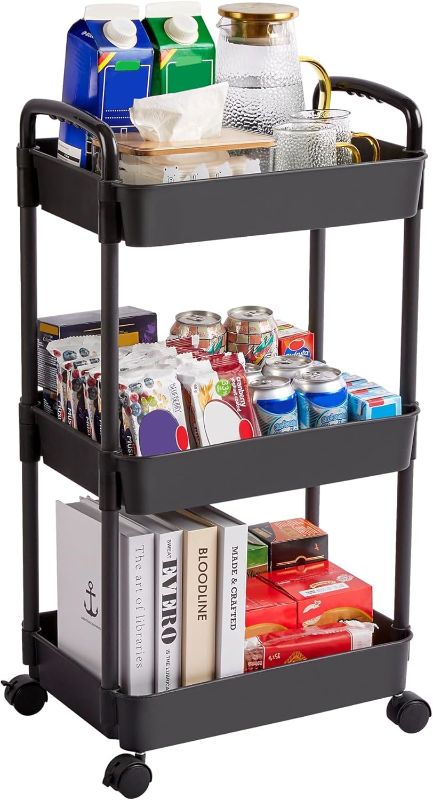 Photo 1 of  Tier Rolling Cart with Wheels, Detachable Utility Storage Cart with Handle and Lockable Casters, Storage Basket Organizer Shelves, Easy Assemble for Bathroom, Kitchen, Black 