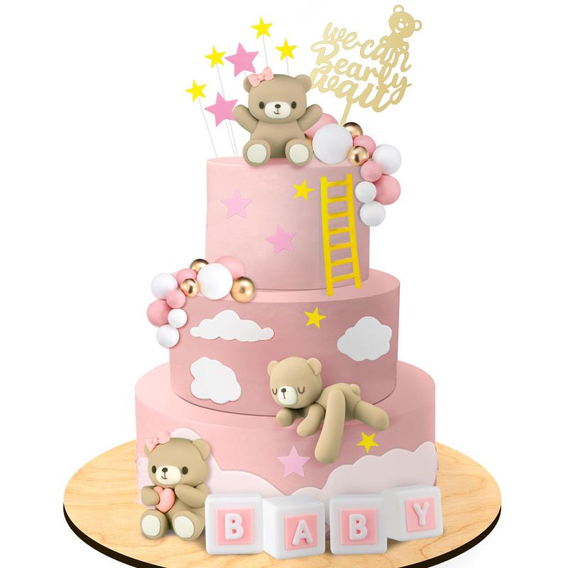 Photo 1 of 41 Pcs/Set Bear Cake Toppers Mini Bear Cake Decorations Cake Toppers Gold White Pearl Ball for Boy Girl Baby Shower Birthday Party Decorations (Pink, Brown, Cute Style) Cute Style Pink, Brown
