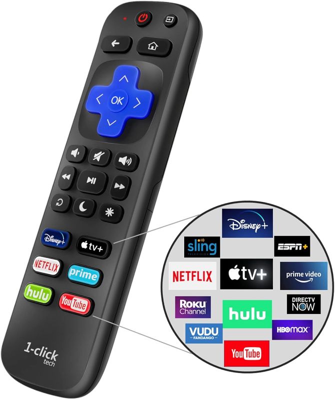 Photo 1 of 1-clicktech for Roku Remote 2-in-1 for Roku-TV and Roku Box, Compatible for TCL Hisense ONN Sanyo Sharp Hitachi Element Insignia LG Magnavox Roku TV, w/ 12 Opt. Channels [NOT for Stick]
