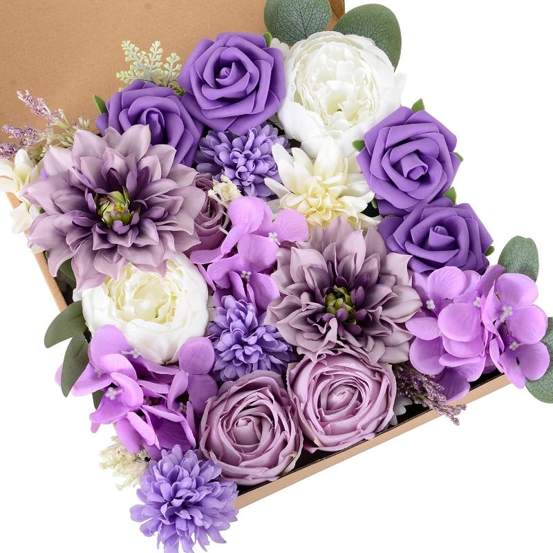 Photo 1 of  Purple Artificial Flowers Combo, Faux Flowers Arrangements for DIY Wedding Bouquets Centerpieces, Fake Flowers with Eucalyptus, Foam Roses, Baby Shower Cake Decor Room Decor(Purple) 