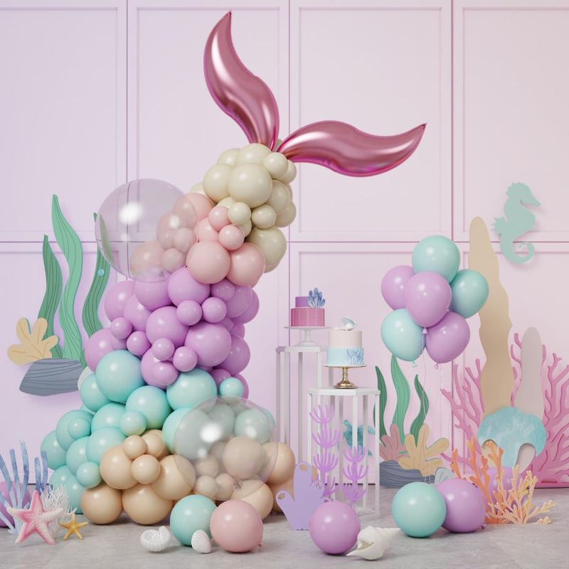 Photo 1 of  RUBFAC Pastel Mermaid Balloons Garland Kit for Mermaid Party Decorations, Colored Balloons and Bobo Balloons for Mermaid Baby Shower Party Supplie10