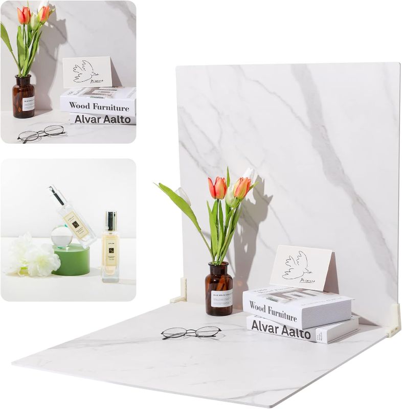 Photo 1 of BEIYANG 2 Marble 24x24 Inch Photography Backdrop Boards with 2 PCS Bracket for Flat Lay or Food Photography Background Marble and White Backdrop Photo Table Backdrop
