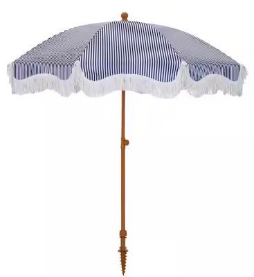 Photo 1 of 7 ft. Metal Beach Umbrella in Navy Strips with Tassel Design and Cover
