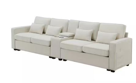 Photo 1 of 114.20 in. Straight Arm Polyester Rectangle Sofa in Beige with Console, Cup Holders and USB Ports
3 BOXES TOTAL
OPEN BOXES 