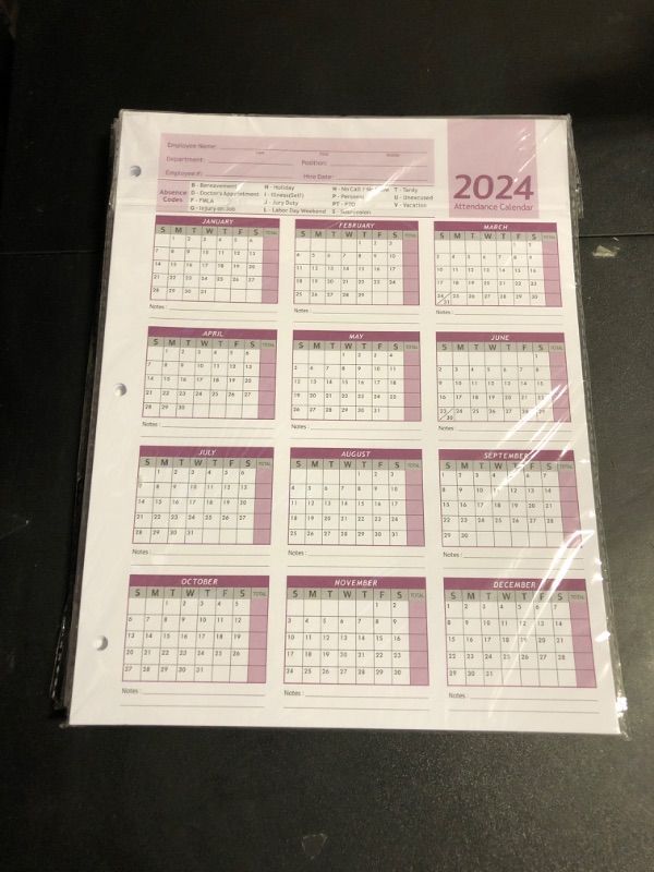 Photo 1 of Attendance Calendar Employee Card Attendance Record Tracker 2024, Heavy 100lb Cardstock Paper 8.5 x 11 inches (Purple, Pack of 25 Sheets)