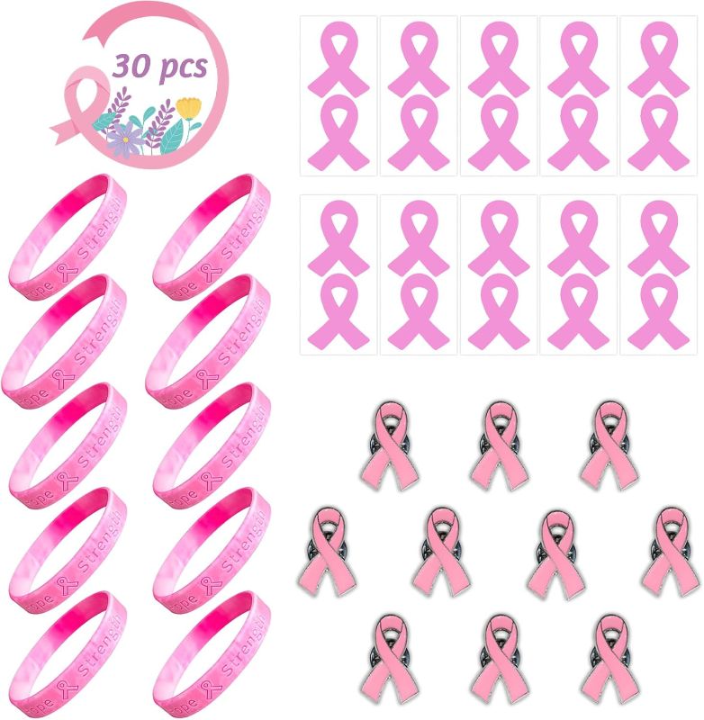 Photo 1 of 30 Pcs Breast Cancer Awareness Accessories, Include Breast Cancer Bracelets Silicone, Breast Cancer Ribbon Pins and Bulk Pink Ribbon Stickers for Charity Public and Social Event Supplies
