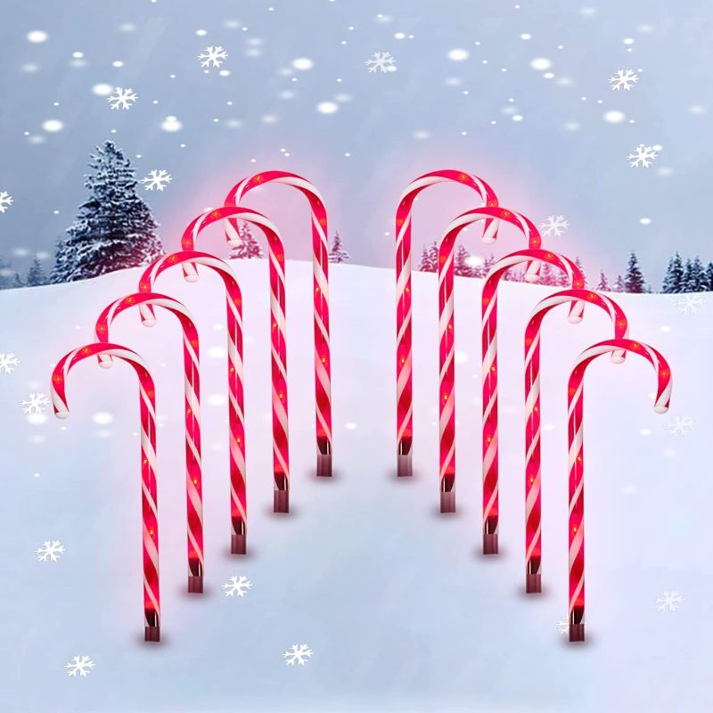 Photo 1 of 10 Pack 21in Candy Cane Pathway Lights (with Stakes) Outdoor Markers Christmas Decorations Lights with 8 Lighting Modes, for Xmas Holiday Party Walkway Patio Garden Decor
