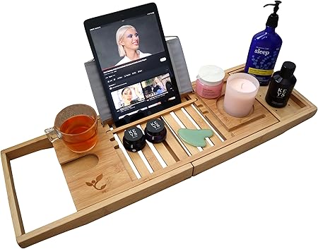 Photo 1 of Bamboo Bathtub Tray & Bed Laptop Desk, Latest Unique Zen Design Bathtub Caddy, Bamboo Bathtub Caddy Tray, Wine Glass & iPad Holder by Bambooware
