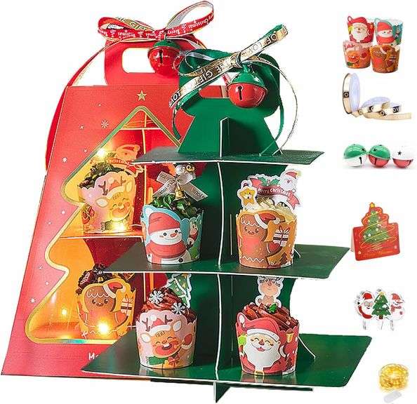 Photo 1 of  4 PCS Christmas LED Decor 3 Tier DIY Cupcake Stand Holder with Bells Card Set (Red, Green) 
