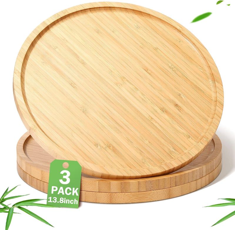 Photo 1 of 3 Pcs Bamboo Serving Tray Round Bamboo Tray Round Wood Plates Wooden Serving Platter Charcuterie Serving Board with Rim for Kitchen Counter Home Dinning Coffee Table Fruit Bread Plant Pot (13.8 Inch)