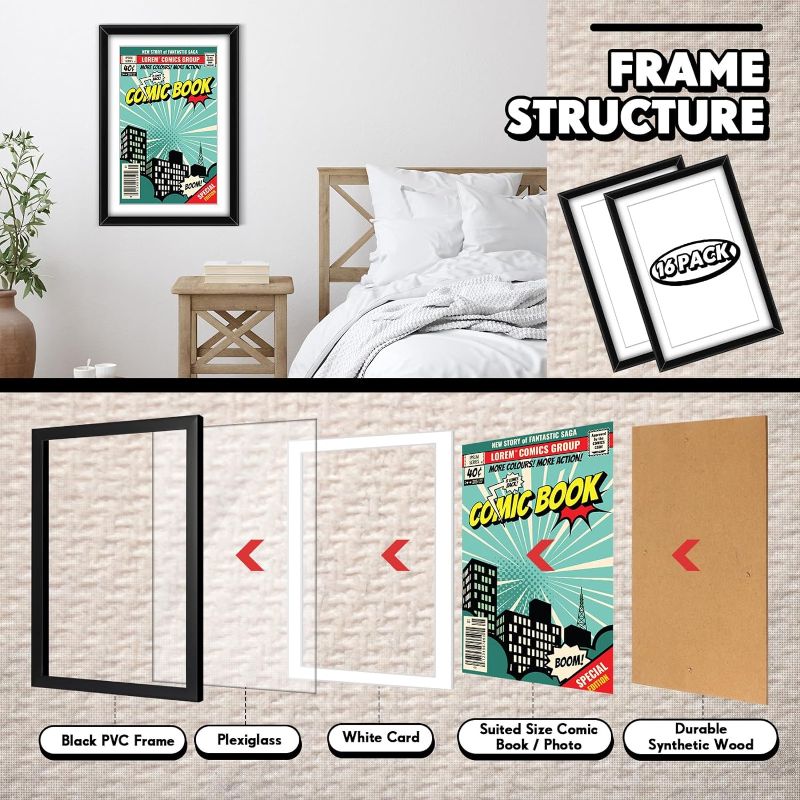 Photo 1 of  Comic Book Frame, UV Protection, Comic magazine Frames Fits Current Comics up to 6 3/4" x 10 1/4", for Wall or Tabletop Display with Spring Clips Installed Hangers(Black (White Mat)) 