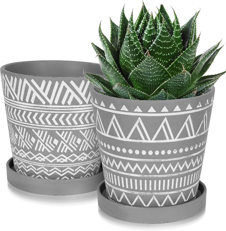 Photo 1 of  6 inch Plant Pots Indoor,Ceramic Plant Pots with Drainage Holes and Saucers, Boho Plant Pots Modern Geometric Pattern Flower Pot, Set of 2 - Cement Gray 