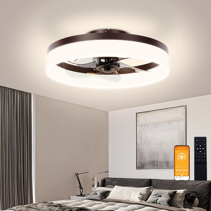 Photo 1 of 
VOLISUN Low Profile Ceiling Fans with Lights and Remote,15.7in Modern Ceiling Fan Flush Mount, 3000K-6500K Dimmable Bladeless LED Fan Light,Brown Fandelier Ceiling Fans with Lights for Bedroom
