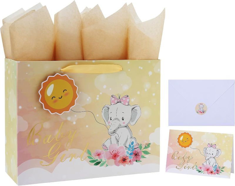 Photo 1 of 13” Large Light Yellow Cute Elephant Gift Bag Set with Greeting Card and Tissue Paper (3D Sun and Gold Foil ‘Baby Girl’) for Baby Girl, Baby Shower, Kids Birthday Party, Newborn, New Moms or Parents-13”x5.2”x10.2”, 1 Pcs.
