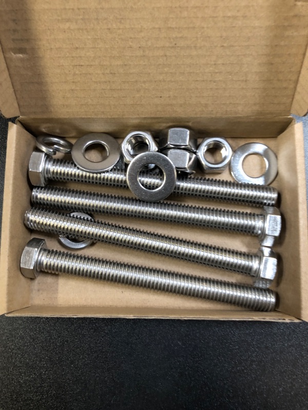 Photo 2 of (4 Sets) 1/2-13 x 5" Stainless Steel Hex Bolts & Hex Nuts & Flat Washers SAE & Lock Washers Hardware Kit, 304 Stainless Steel 18-8, Full Thread Hexagon Bolt Assortment
