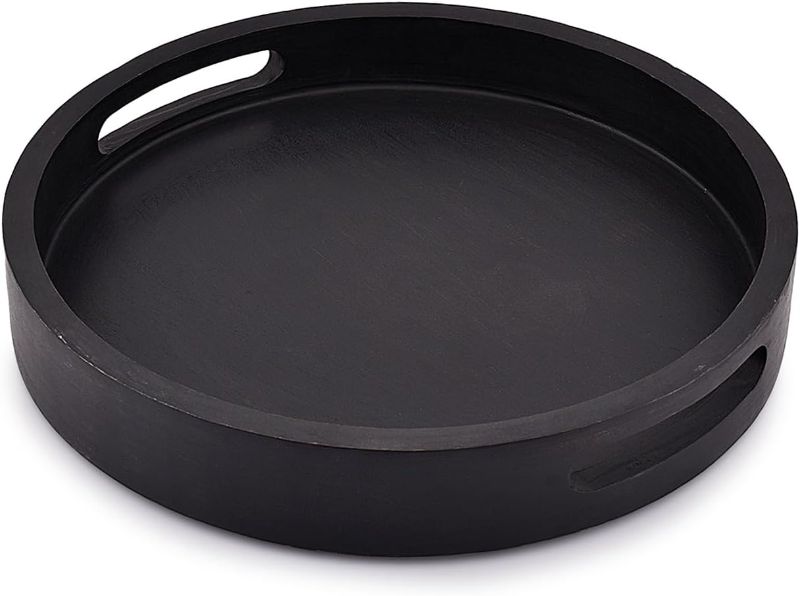 Photo 1 of Acacia Wood Round BLACK Serving Tray With Cutout Handle |