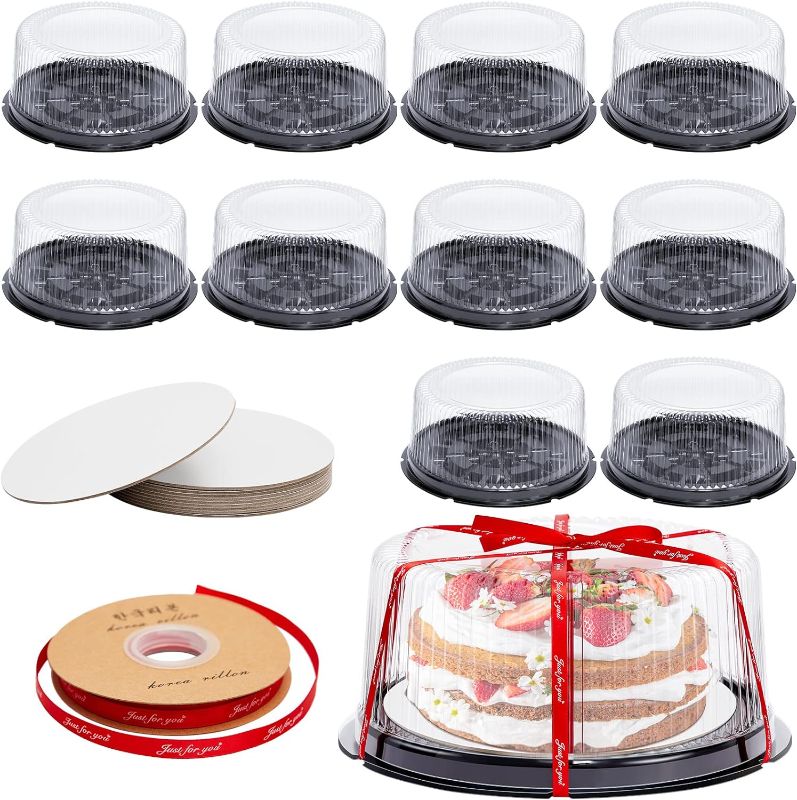 Photo 1 of 10 Pcs Cake Carrier 10 Inches Disposable Plastic Round Cake Container Carrier with Clear Dome Lid Thickened Cake Boards Cake Box Straps PET Cake Carrier for Transport, Storing, Display Cakes
