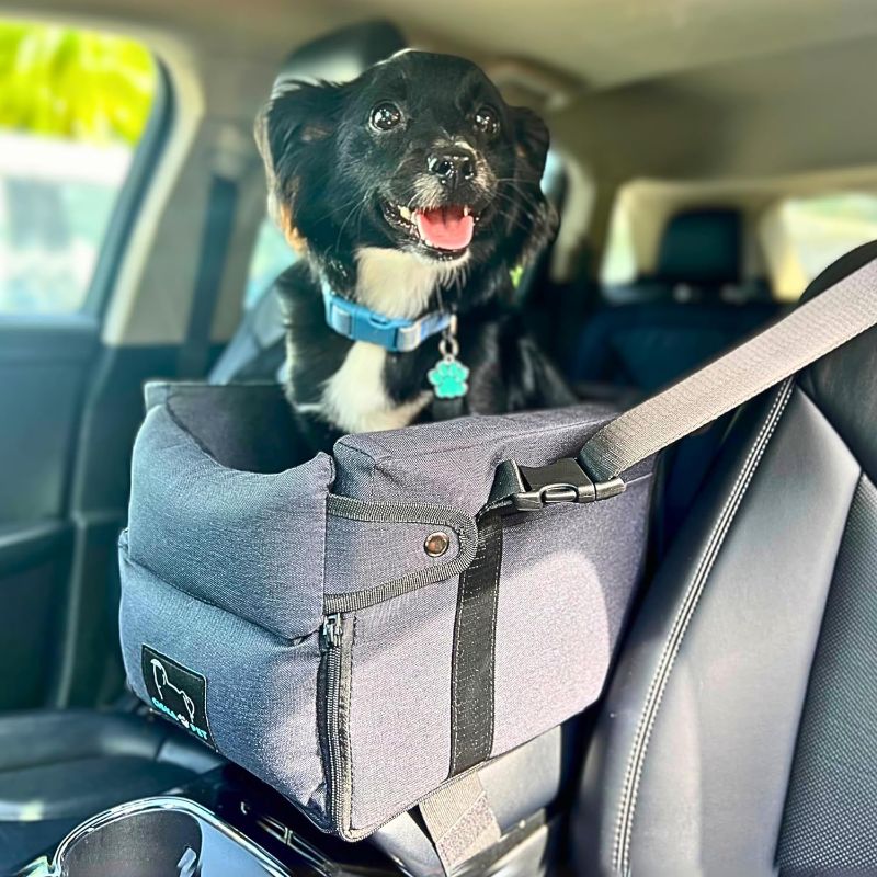 Photo 1 of Center Console Dog Car Seat for Small Dog Under 12 lbs - Small Pet Booster Seat for Car, Waterproof with Adjustable Leash for Safe Travel - Portable, Washable, Black
