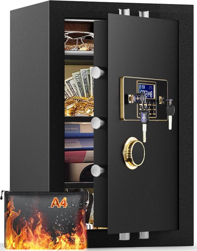 Photo 1 of 4.1 Cuft Extra Large Safe Box Fireproof Waterproof with Fireproof Document Bag, 2 Removable Shelf, Lock Box Cabinet, Anti-Theft LCD Digital Security Home Fire Money Safe for Cash Medicines Jewelry
