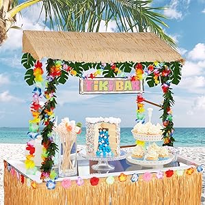 Photo 1 of 45 Pcs Tiki Bar Hut Set Tropical Tabletop Hut Luau Grass Table Skirt Golden Tablecloth Hibiscus Garland Luau Bar Banner Tropical Palm Leaves Paper Lantern LED Light for Luau Bar Decor(Gold Tiki)