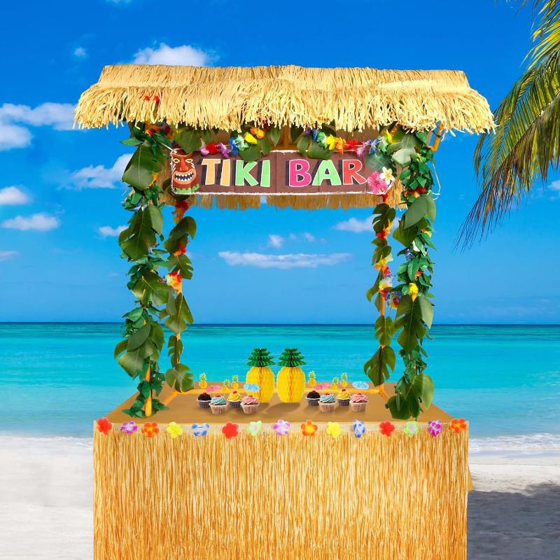 Photo 1 of Auihiay 50PCS Tiki Bar Hut Kit, Tiki Hut Decoration Includes Tiki Bar, Banner, Roof, Palm Leaves, Flower Garland and Table Skirt, Great Hawaiian Pool Beach Luau Party Decor Supplies
