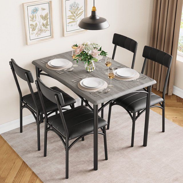 Photo 1 of 5 Piece Dining Set with 4 Upholstered Chairs for Apartment Grey
