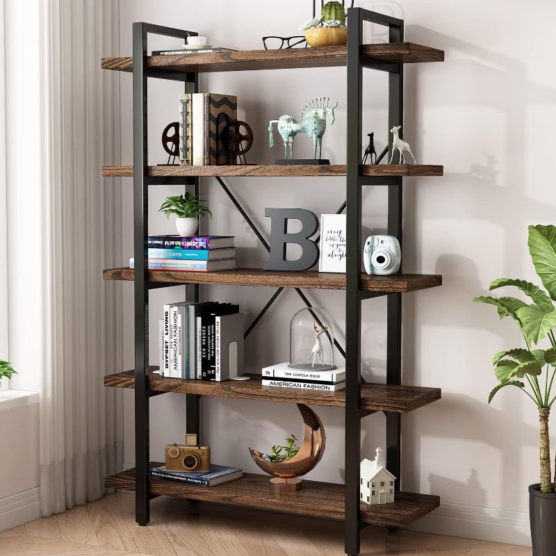 Photo 1 of 5-Tier Industrial Style Solid Wood Bookcase and Book Shelves,Rustic Wood and Metal Shelving Unit? Living Room,Modern Rustic Open Industrial Book Shelf Office,Distressed Brown (AY-02-5Tier)
