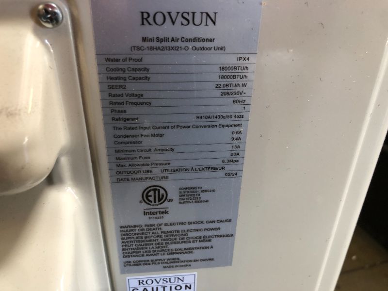 Photo 3 of -MISSING OTHER PARTS- ROVSUN 18000 BTU 230V 19 SEER Efficient Ductless Mini Split Inverter Plus System with Heat Pump and Dehumidification, 24 Hour Timer, Auto Defrost, Sleep Mode
