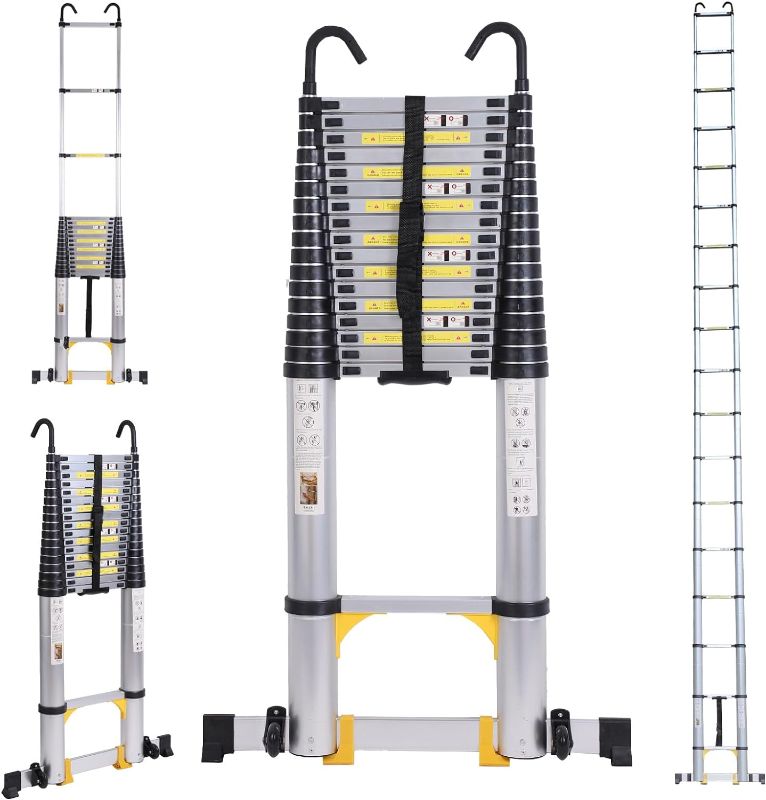 Photo 1 of 26.2FT Telescoping Ladder with Stabilizer Bar Wheels and Hooks, Multi-Purpose Extension Ladder, Aluminum Folding Ladder Collapsible Ladder Adjustable Telescopic Ladders Extendable Ladder for Homeuse
