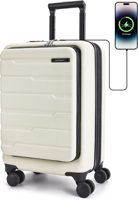 Photo 1 of BAGSMART Expandable Carry On Luggage 22x14x9 Airline Approved, 20" Suitcases with Spinner Wheels,Charging Ports,TSA Lock, Hard Shell Front Opening Carry On Luggage for Men Women Travel Business,White
