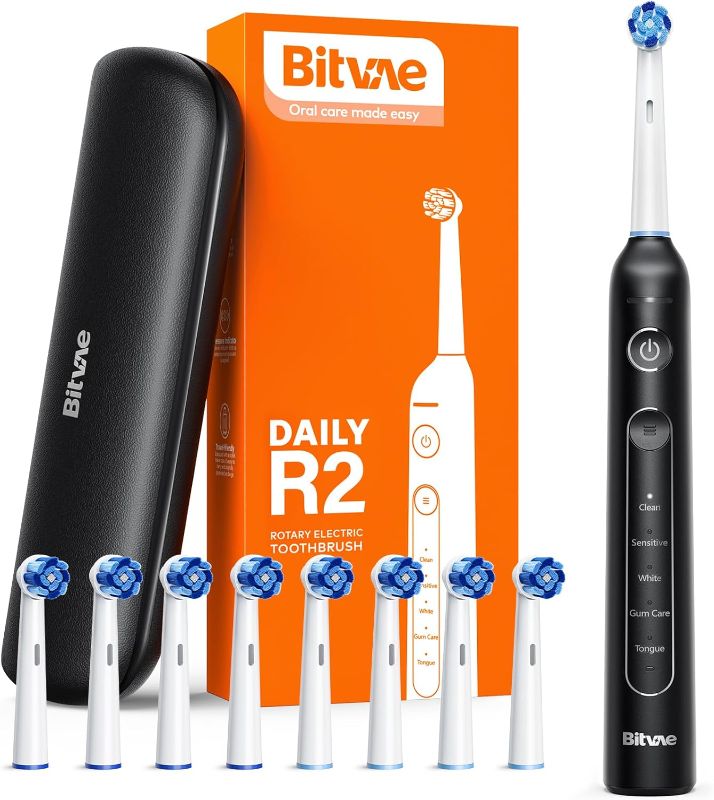 Photo 1 of -FACTORY SEALED- Bitvae R2 Rotating Electric Toothbrush for Adults with 8 Brush Heads, Travel Case, 5 Modes Rechargeable Power Toothbrush with Pressure Sensor, 3 Hours Fast Charge for 30 Days, Black
