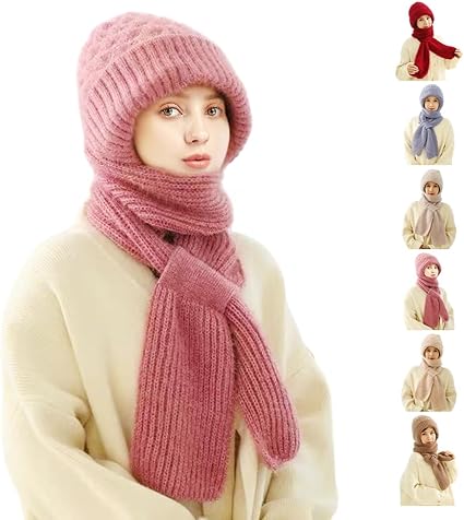 Photo 1 of 2024 New Integrated Ear Protection Windproof Cap Scarf, Winter Warm Knitting Thick Warm Ear Guard Hat Scarf for Women(Pink)