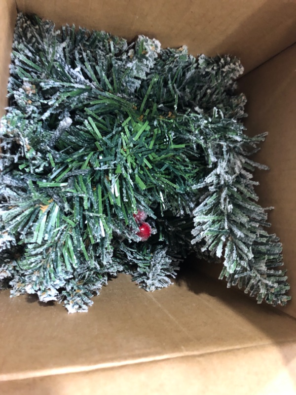 Photo 1 of 3ft Pre- Christmas Tree,Partially Snow Flocked Artificial Xmas Pine Tree with 150 PVC Branches Tips & 12 Red Berries & 15 Pinecone & 70 LED String Lights & Burlap Wrapped Base,Battery Powered