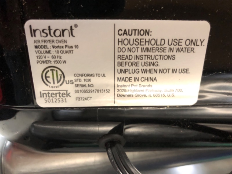 Photo 4 of ***NONREFUNDABLE - MAJOR DAMAGE - SEE COMMENTS***
Instant 140-3000-01 Vortex Plus Quart 7-in-1 Multi-Use Air Fryer, 10QT, Silver,Black