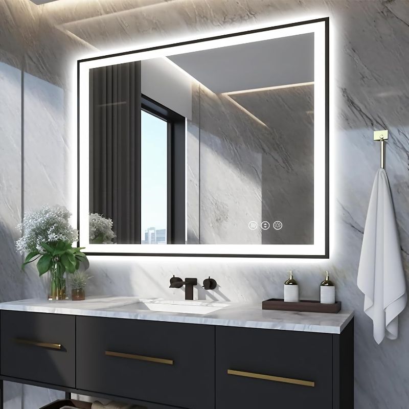 Photo 1 of 40x32 LED Bathroom Mirrors for Wall -Black Aluminum Framed (Front and Backlit), Anti-Fog Vanity Mirror With Lights,Stepless Dimmable Lighted Mirror,3 Colors Smart Mirror(Horizontal/Vertical)