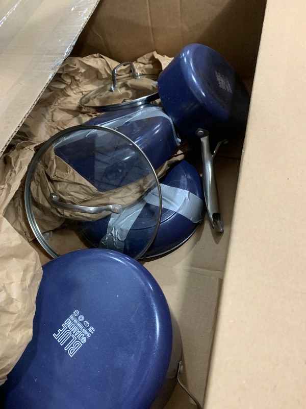 Photo 2 of *5 pans, 3 lids, missing utensils* Blue Diamond Cookware 10 Piece Cookware Pots and Pans Set, Diamond Infused Healthy Ceramic Nonstick, PFAS and PFOA-Free, Dishwasher Safe, Oven Safe, Metal Utensil Safe, Warp Control, Blue