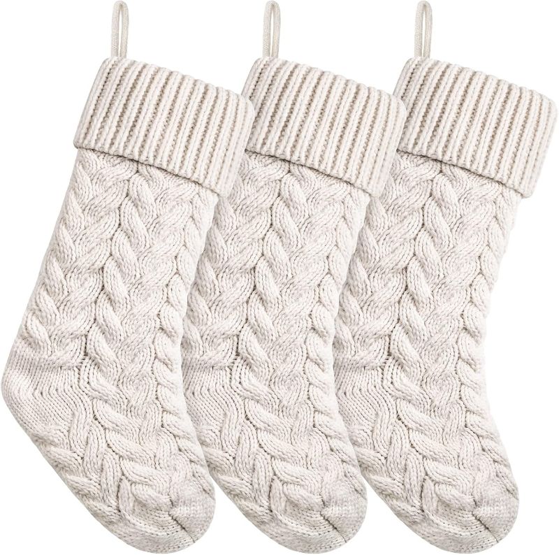 Photo 1 of (FAIR) 18 Inches Christmas Stockings Knit Xmas Stockings Large Fireplace Hanging Stockings for Family Christmas Decoration (Ivory, 3)
