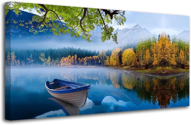 Photo 1 of Arjun Lake Canvas Wall Art Blue Mountain Sky Nature Landscape Picture Boat Artwork Modern Scenic Painting Framed Large for Living Room Bedroom Bathroom Dinning Room Home Office Wall Decor 40"x20"