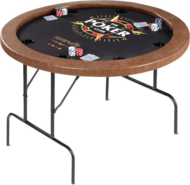 Photo 1 of *ONLY TABLE** SereneLife 8- Player Round Foldable Poker Table, Casino Leisure Texas Holdem Table, w/ water Resistant Cushioned Rail, 8 Cup Holders, Brown Felt Surface, Black Jack Board & Family Games (Black)
