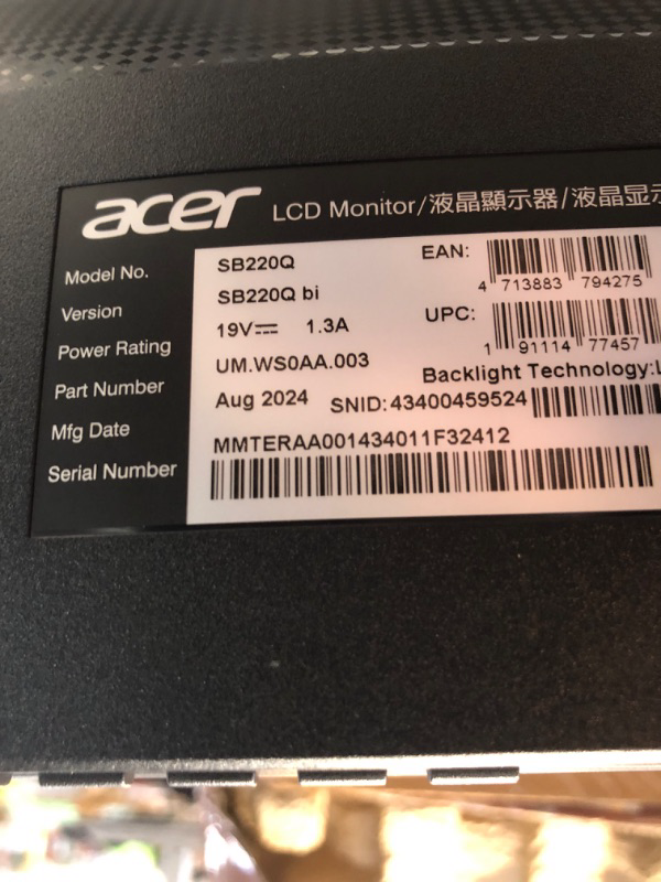 Photo 1 of **MISSING PART FOR STAND AND SOME CORDS** Acer 21.5 Inch Full HD (1920 x 1080) IPS Ultra-Thin Zero Frame Computer Monitor (HDMI & VGA Port), SB220Q bi