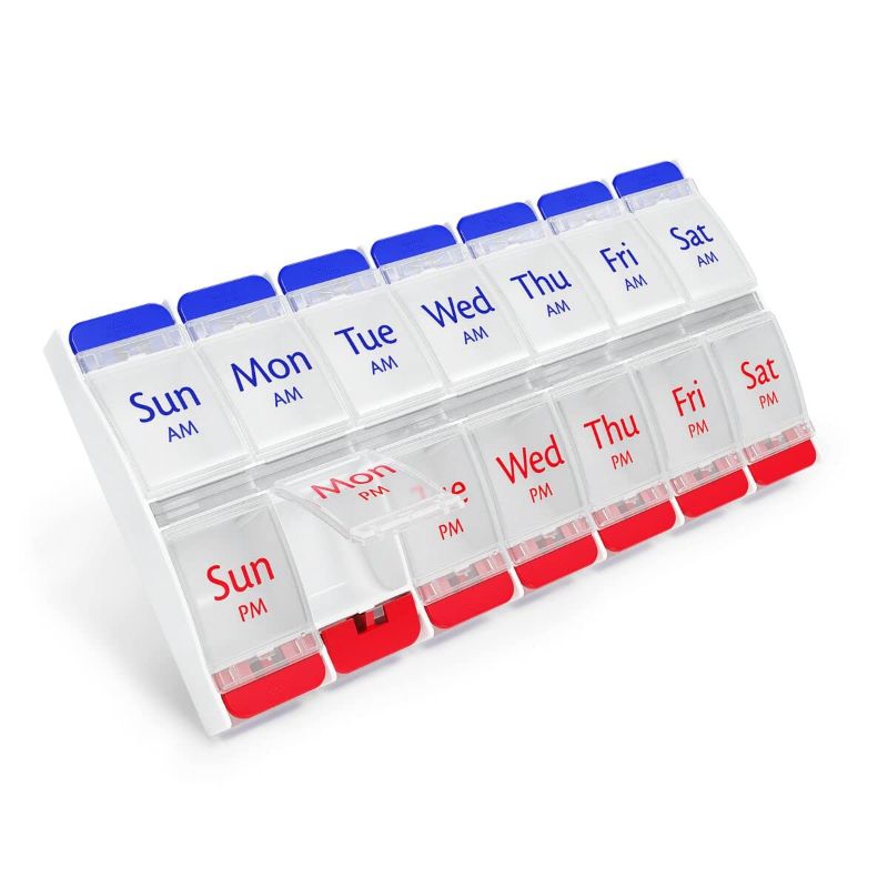 Photo 1 of 2 pack - EZY DOSE Push Button (7-Day) Pill Case, Medicine Planner, Vitamin Organizer, 2 Times a Day AM/PM, Large Compartments, Arthritis Friendly, Clear Lids, Convenient and Easy to Use, Red/Blue, BPA Free