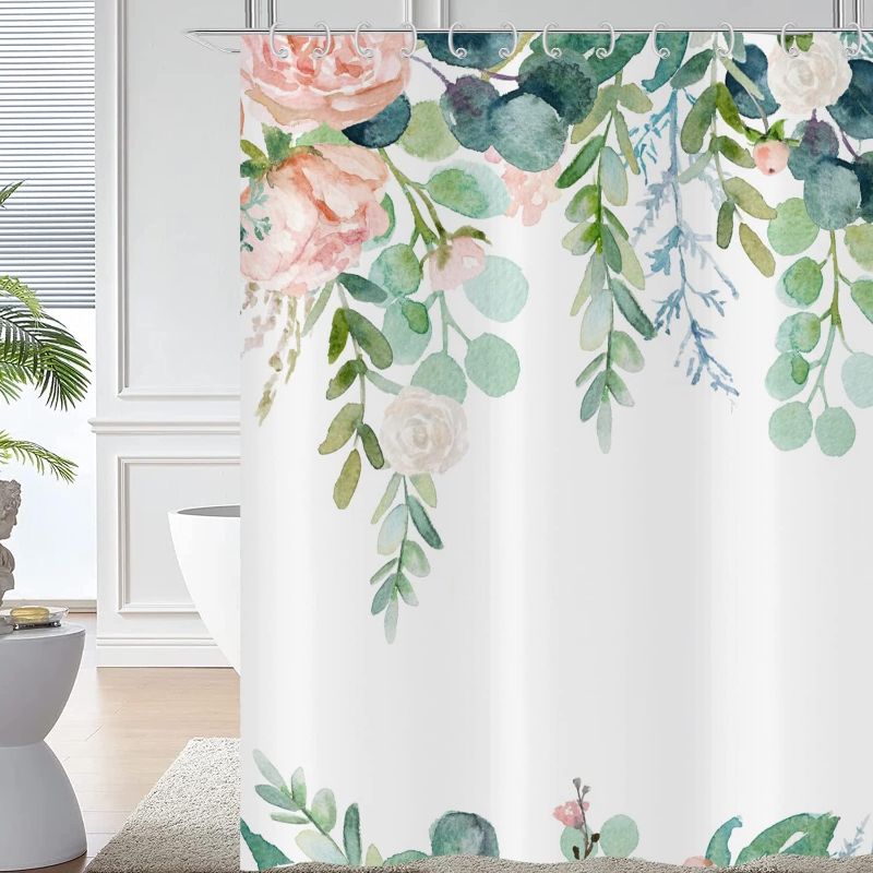 Photo 1 of ***STOCK PHOTO REFERENCE ONLY***Spring Eucalyptus Leaf Shower Curtains, Weighted Bottom Sage Green Watercolor Botanical Plants with Pink Flower Fabric Bathroom Curtain Home Decor Waterproof Washable with 12 Hooks,72"x84"