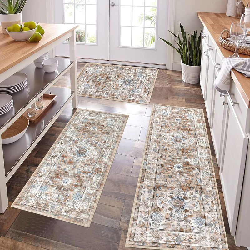 Photo 1 of **NOT EXACT DESIGN* Modern Kitchen Mats for Floor 3 Piece Set – Thin Non-Slip Washable Runner Rug for Kitchen, Bathroom, Laundry Room, Entryway & Hallway – Boho Kitchen Rug – Farmhouse Kitchen Rugs Sets of 3